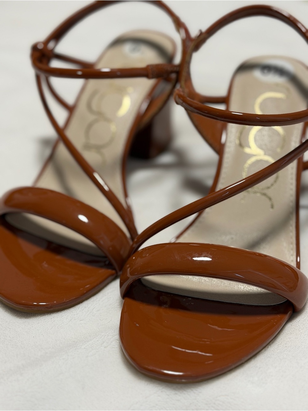 Patent Strappy Block Heel Sandals in Cognac Brown - Women